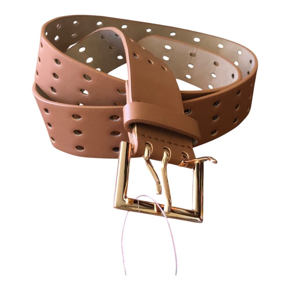 Petit Moments NWT Tan Leather Perforated Belt Gold Buckle Women’s M/L
